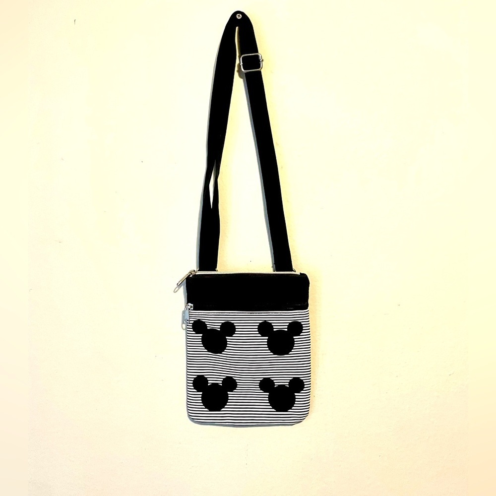 Disney Parks Mickey Mouse Black White Striped Crossbody Bag Purse Adjustable EUC